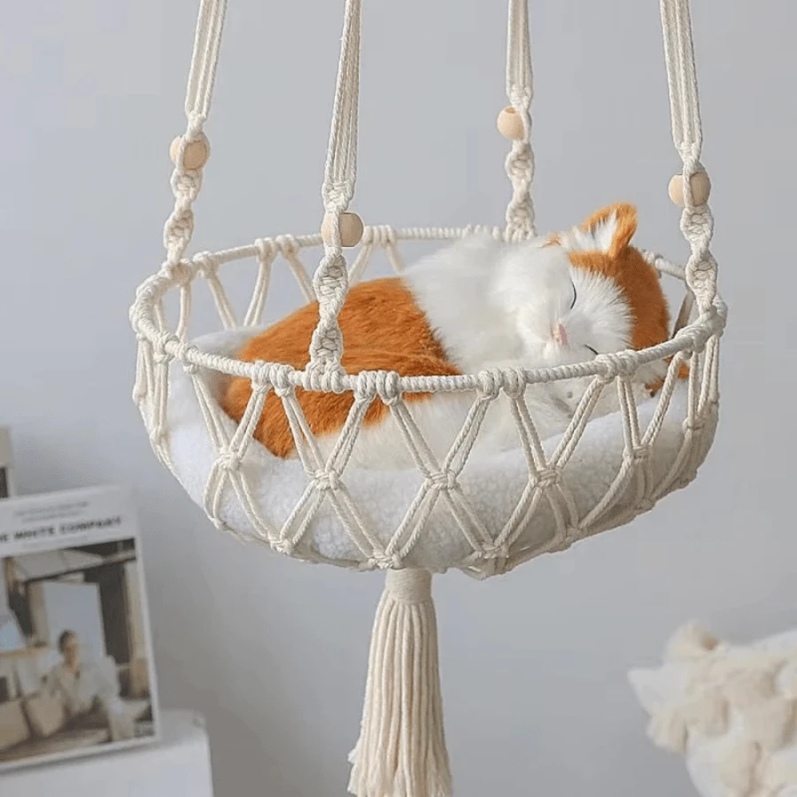 Hand-Woven Cotton Cat Hammock - Cozy 4-Season Hanging Bed (Indoor Boho Nest Pets) - trắng - Xem 1