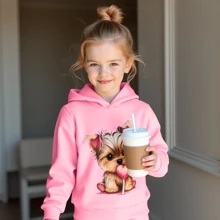 2pcs/Set Toddler Girls Fashionable Cute Sports Outdoor Gentle Sweet Casual Minimalist Cartoon Puppy Heart Lollipop Print Hoodie Sweatshirt And Pants Set, Autumn/Winter