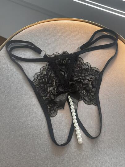 Sexy Lingerie Women's Sexy Lace Flower Hollowed Out Thong Transparent Hot T-Pants Open Cut Bead Underwear With Lace Double Loop Fashion Bottom Pants At The Back, Women's Sexy Lace Thong, With Exquisite Lace Flower Patterns Outlining Charming Curves, Hollowed Out Design Interwoven With Transparent Texture, Releasing Hot Temptation. Ardrobe