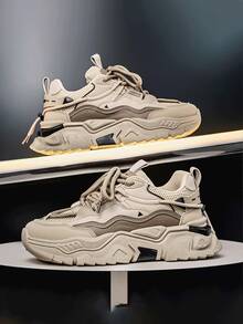 Retro Casual Men's Athletic Shoes - Soft PU Upper With Cushioned Midsole For Street Style - Màu Khaki - Xem 3