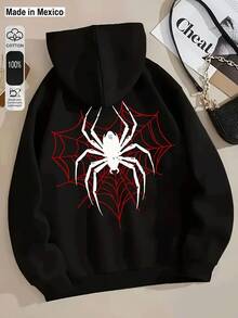 Sudadera con capucha gráfica de araña negra para mujeres con estampado de telaraña roja - Sudadera cómoda con bolsillo canguro, ropa casual de otoño e invierno de manga larga, lavable a máquina, sudadera con capucha de araña, tela duradera - Negro - Ver 1