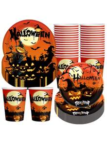 10 piezas de platos y vasos de Halloween, platos de papel con calabaza negra, vasos de papel, vajilla de fiesta de Halloween, platos desechables de postre, vasos para beber, para decoraciones de fiesta de Halloween