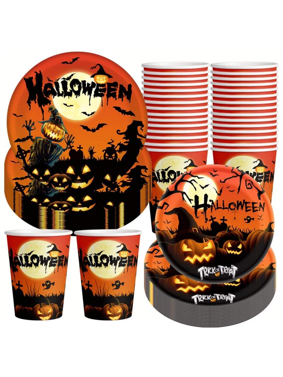 10 piezas de platos y vasos de Halloween, platos de papel con calabaza negra, vasos de papel, vajilla de fiesta de Halloween, platos desechables de postre, vasos para beber, para decoraciones de fiesta de Halloween