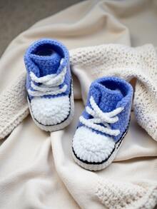 1 Pair Handmade Crochet Infant Booties, Soft Indoor Floor Socks For Crawling/First Step - Blue - View 3