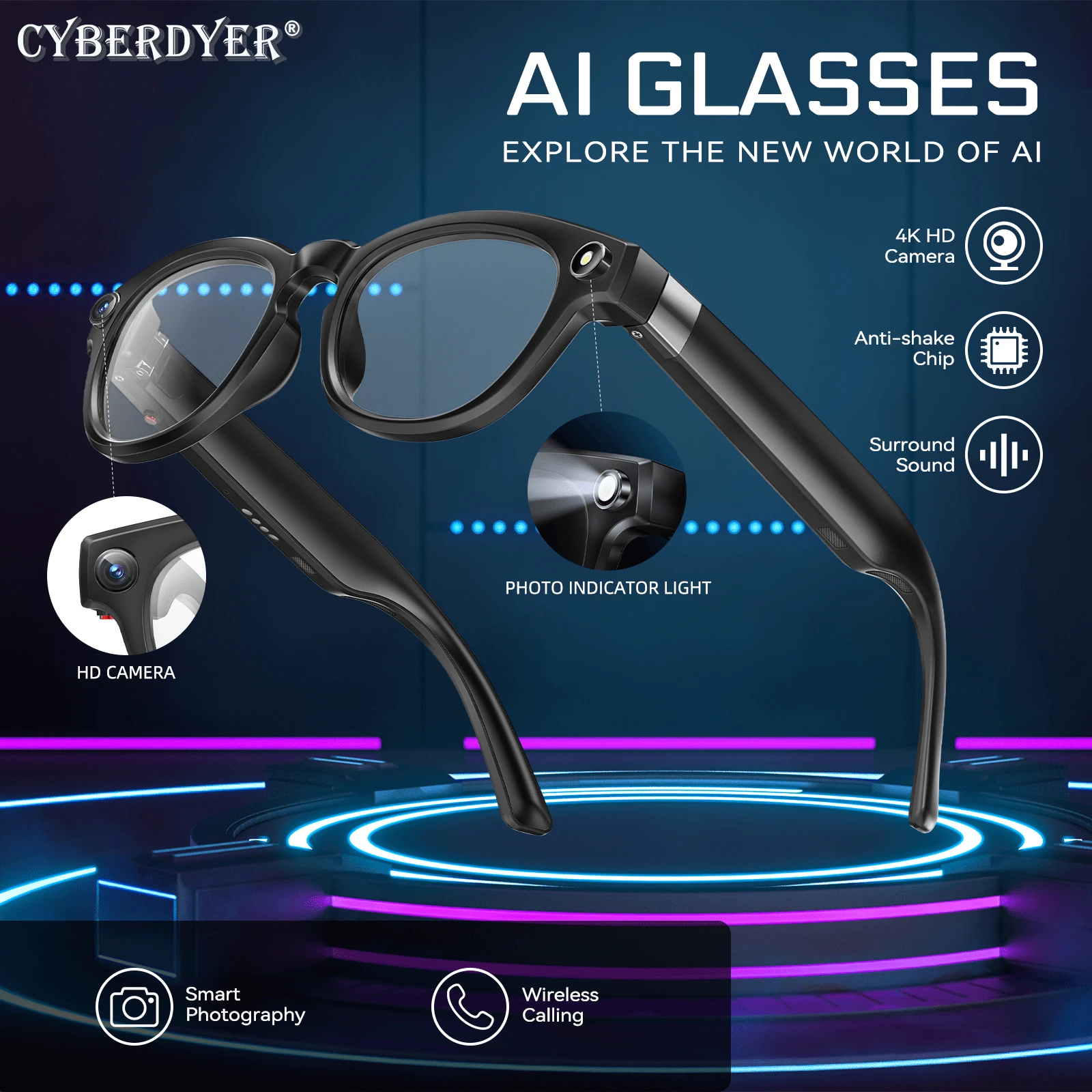 CyberDyer Inteligentne okulary AI – soczewki fotochromowe i połączenia Bluetooth | Nawigacja głosowa, bateria 8 godzin | Okulary przeciwsłoneczne z kamerą do uprawiania sportów na świeżym powietrzu