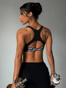 Women's Solid Color Removable Padded Hollow Back Letter Strap Elastic Sports Bra, Summer - Black - View 5