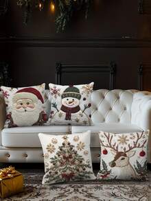 1/2/4 piezas Fundas de almohada navideñas de un solo lado, estilo moderno, lavables a máquina, con cierre de cremallera, de poliéster con diseños de Papá Noel, renos y muñeco de nieve para decoración de sala de estar y sofá. "X" Inserto no incluido - 17.7x17.7 pulgadas, impresión plana 2D