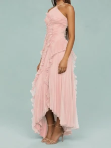 Women's Boho Halter Backless Maxi Dress Sleeveless High Waist Ruffled Party Prom Evening Dresses - Pink - View 2