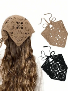 1pc Hollow Flower Headscarf Triangle Scarf, Countryside Style Headwear, Beach Accessory, Retro Headband, 2026 New Arrival - Khaki - View 2