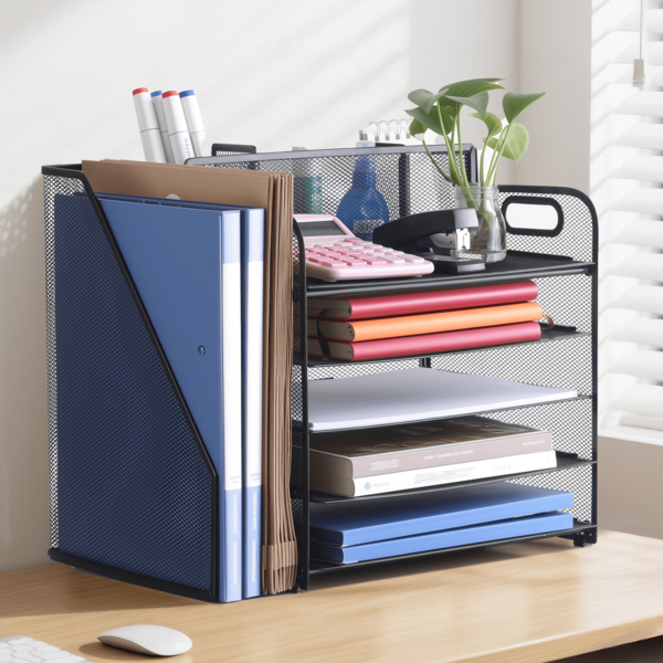 Senmeo Schreibtischorganisatoren und Zubehör, 5-stufiger Aktenablageorganisator mit Aktenhalter, Schreibtischorganisator für Bürosupplies (schwarz)