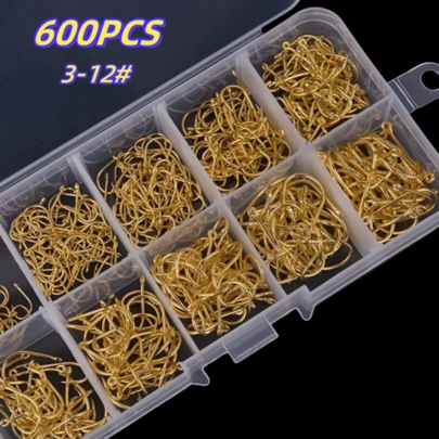 Kit Caixa de Pesca com 600 Anzóis Chinu Dourado #3 ao #12