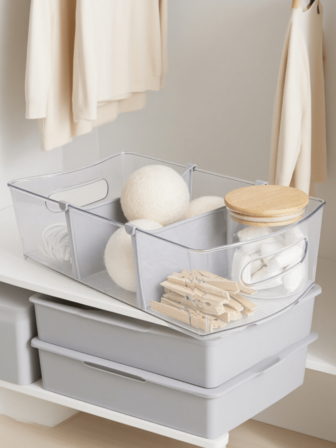 3-Pack Clear Stackable Storage Bins With Removable Dividers - 14.5"L X 8"W X 4"H Plastic Organizer Bins For Closet, Laundry Room & Kids' Toys - See-Through Design With Handles (Set Of 3, Transparent)