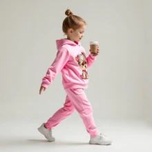 2pcs/Set Toddler Girls Fashionable Cute Sports Outdoor Gentle Sweet Casual Minimalist Cartoon Puppy Heart Lollipop Print Hoodie Sweatshirt And Pants Set, Autumn/Winter