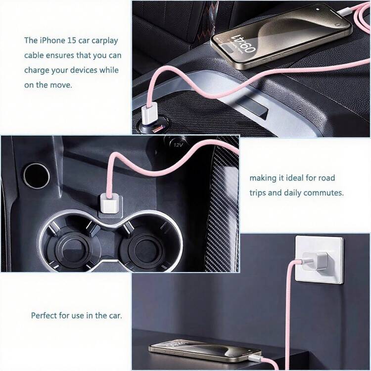 Cable de carga rápida y datos USB-C a Tipo-C trenzado de nailon de 1/2/3 metros, compatible con iPhone 17/16/15/Pro/Pro Max/iPad y otros teléfonos Android, admite carga rápida de 60W~18W, adecuado para uso en interiores/exteriores/viajes y automóvil - Rosa - Añade 7