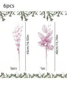 Set de 6 ornamente de brad de Crăciun, flori artificiale roz cu sclipici, crengi, agrafe pentru decorarea bradului de Crăciun, cadou, vază mică, decor pentru casă, sărbători, nuntă, petrecere, agrafe artificiale cu sclipici, 6 buc tulpini artificiale cu sclipici și 1 buc ornamente de flori cu sclipici pentru brad de Crăciun, cadou de Revelion - Decor roz pentru casă, decorațiuni de Crăciun, decor pentru cameră