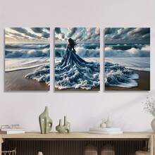 3 buc. Imprimeu pe pânză fără ramă, ocean, plajă, pictură murală în stil fantezie, doamnă în rochie, peisaj natural, zeiță oceanică, fustă cu valuri, artă pentru fete la modă, potrivit pentru decorarea pereților casei