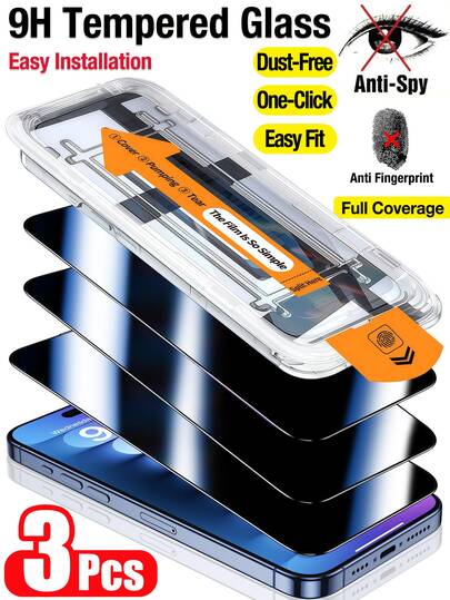 3片装隐私屏幕保护膜自动对齐套装，兼容 16 Pro Max，9H硬度防碎钢化玻璃膜，超快安装，防尘设计，钢化玻璃屏幕保护膜，含安装工具包，9H硬度，防刮花，全覆盖保护，兼容 17 Pro Max/17 Pro/17 Air/17/16 Pro Max/16 Plus/15 Pro Max/14/13/12/11系列，无气泡，无灰尘