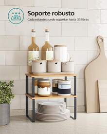 Estantes de madera para especias set de 2 estantes apilables expandibles para cocina fregadero despensa y baño organización moderna multiusos almacenaje especiero estantería resistente compacta hogar - Color de la madera de bambú - Ver 6