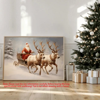 1pc Christmas Santa Claus And Reindeer Wall Art, Santa Claus On A Sleigh Canvas Print, Christmas Home Decor, Vintage Holiday Season Painting Winter Poster, Winter Home Decor, Wall Arts, Posters, Wall Art With Frame, Christmas Decorative Art - Canvas (Optional Frame)