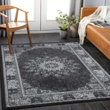 1pc Luxury Elegant Classic Geometric Floral Striped Bohemian Area Rug, Vintage Black & Gray Rectangular Soft Faux Wool Washable Carpet, Suitable For Living Room, Bedroom, Entryway, Bathroom, Hallway, Patio, Kitchen, Indoor Outdoor, All Season Large Size Mat, Home Decor - Multicolor - View 5