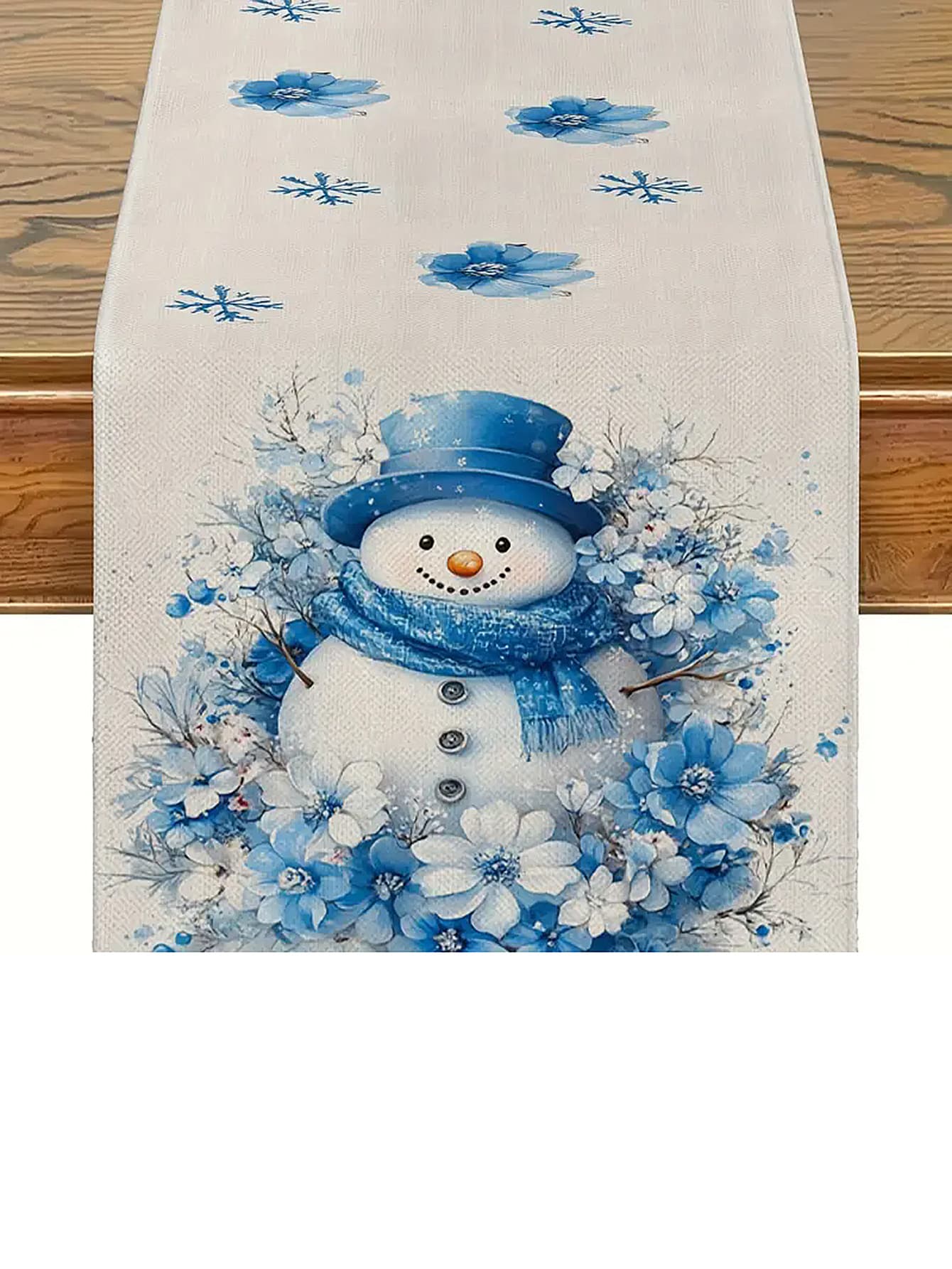 1件装节日雪人与蓝色花卉桌旗 - 亚麻圣诞装饰,适合室内/室外派对、新年庆祝活动和节日用餐,长方形设计,饰有雪花图案,节日餐桌装饰 | 冬季仙境主题 | 耐用桌布,圣诞餐桌装饰(13x35.4/47.2/63/72/78.7 英寸) - 藍色 - 查看 1