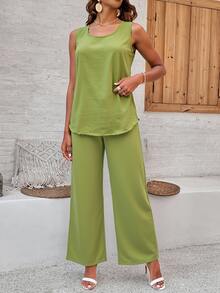 Conjunto Elegante de Blusa y Pantalón para Mujer en Tela Delgada con Apertura en la Espalda y moños. - Verde - Ver 2
