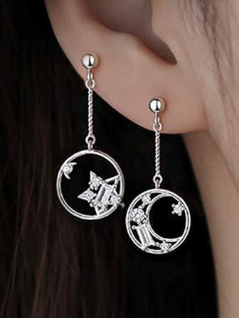 1 对铜镀白金几何星星和月亮锆石不对称耳环，适合女士佩戴，优雅简约时尚，适合派对、日常通勤