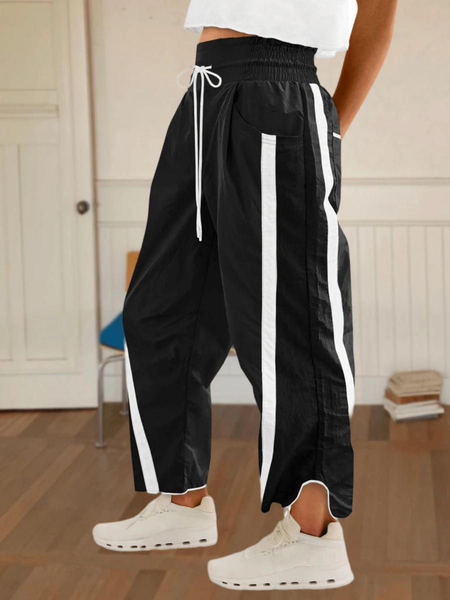 Women's Camping Wide Leg Sweatpants Baggy Fit Drawstring Elastic Waist Quick-Dry Fabric For Outdoor Hiking Y2K Athletic Pants - 黑色 - 查看 1