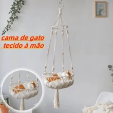 Hand-Woven Cotton Cat Hammock - Cozy 4-Season Hanging Bed (Indoor Boho Nest Pets) - trắng - Xem 2