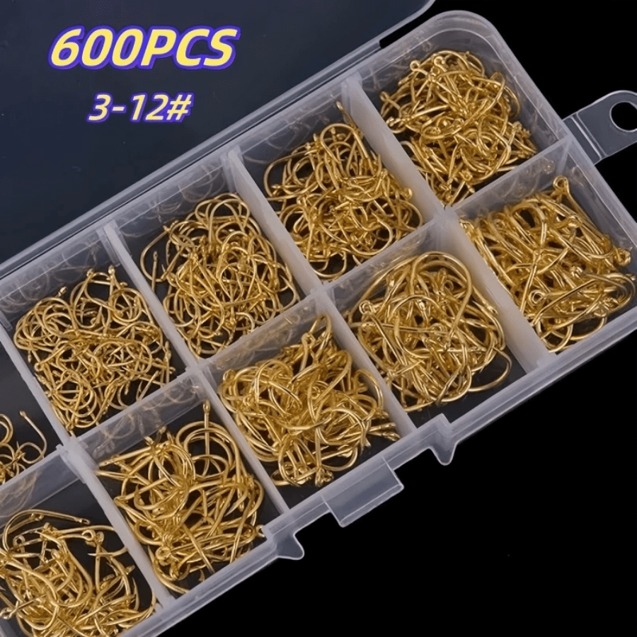 Kit Caixa de Pesca com 600 Anzóis Chinu Dourado #3 ao #12