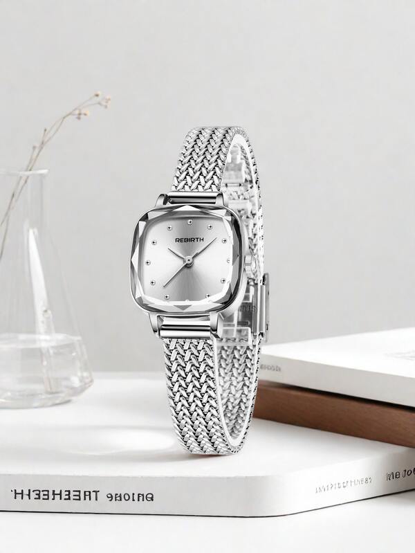 1pc Women's Retro Square Dial Minimalist Elegant Stainless Steel Band Quartz Watch, Suitable For Daily Wear
