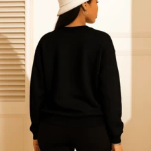 Women's 100% Cotton Casual Plain Sweatshirt - 黑色 - 查看 2