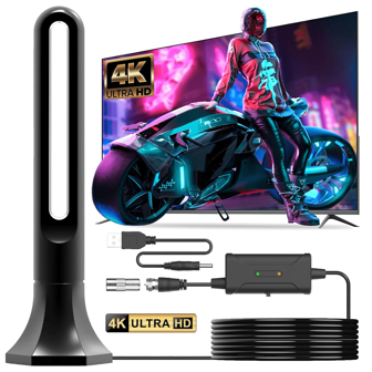 360°信号高清电视天线 - 250英里免费高清广播范围，支持2K 1080p，安装简便，适用于城市和乡村地区，室外天线 | 时尚黑色设计 | 易于安装的天线