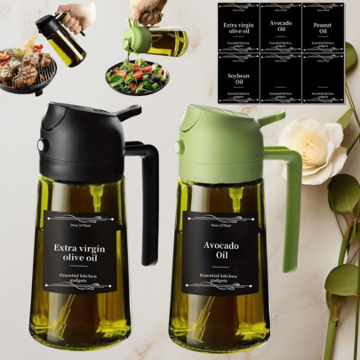 1/2 Stück Olivenöl-Spender für die Küche, 2-in-1 Glas-Ölflasche und Kochsprüher, Ölsprüher für Küche, Kochen, Heißluftfritteuse, Outdoor-Grill, kompatibel mit Heißluftfritteuse, automatischer Klappverschluss, 473ml olivgrün (lichtblockierend) mit Etikettaufklebern