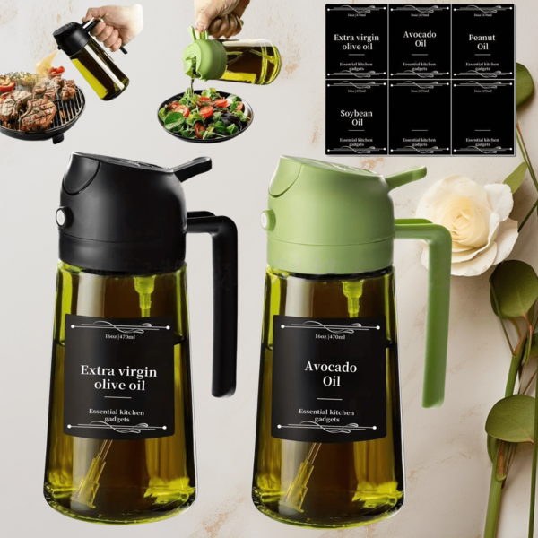 1/2 piezas Dispensador de aceite de oliva para cocina, Botella de aceite de vidrio 2 en 1 y rociador de cocina, Rociador de aceite para cocina, freidora de aire, barbacoa al aire libre, compatible con freidora de aire, tapa de volteo automático, 16 onzas verde oliva (bloqueo de luz) con etiquetas adhesivas