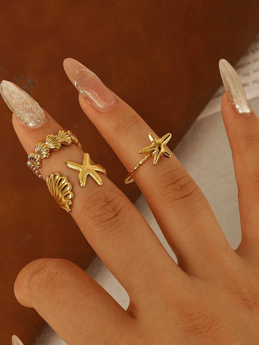 3pcs 18K Gold Plated Stainless Steel Adjustable Ring With Shell And Starfish Design, Gift Set - 3-piece Set No. 1 - View 1