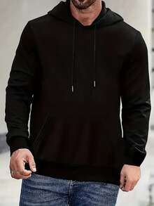 Men's Loose Drawstring Hoodie With Pockets, Printed Design, Black, Autumn/Winter