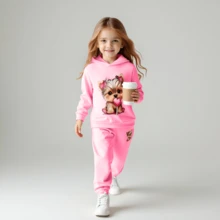 2pcs/Set Toddler Girls Fashionable Cute Sports Outdoor Gentle Sweet Casual Minimalist Cartoon Puppy Heart Lollipop Print Hoodie Sweatshirt And Pants Set, Autumn/Winter