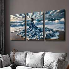 3 buc. Imprimeu pe pânză fără ramă, ocean, plajă, pictură murală în stil fantezie, doamnă în rochie, peisaj natural, zeiță oceanică, fustă cu valuri, artă pentru fete la modă, potrivit pentru decorarea pereților casei