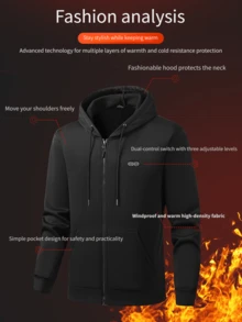 17 区智能双控加热连帽衫，休闲保暖恒温夹克，男女通用户外运动登山装备，/安全冬季保暖服，适合圣诞节、枣子、新年，USB 供电 3 档温控（不含移动电源） - 黑色 - 查看 3