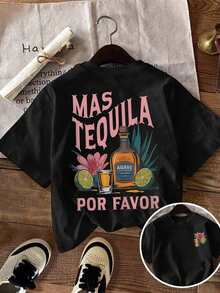 Camiseta casual para mujer con cóctel de tequila al amanecer y estampado floral, escote redondo, ligera Primavera/Verano Sudadera deportiva para mujer - Negro - Ver 1