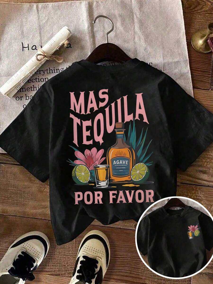 Camiseta casual para mujer con cóctel de tequila al amanecer y estampado floral, escote redondo, ligera Primavera/Verano Sudadera deportiva para mujer - Negro - Ver 1