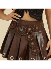 حزام خصر بوهيمي مزين بالقلب مقاس كبير جدًا XXL، حزام خصر بطراز غربي مزين بالقلب والبراشيم، حزام خصر بتصميم بانك مفرغ ومرقع بالبراشيم، مناسب للحفلات والمهرجانات