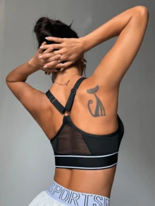 Women's Solid Color Round Neck Removable Padded Mesh Splice Strap Comfortable Sports Knit Bra - Black - View 3