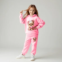 2pcs/Set Toddler Girls Fashionable Cute Sports Outdoor Gentle Sweet Casual Minimalist Cartoon Puppy Heart Lollipop Print Hoodie Sweatshirt And Pants Set, Autumn/Winter