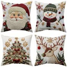 1/2/4 piezas Fundas de almohada navideñas de un solo lado, estilo moderno, lavables a máquina, con cierre de cremallera, de poliéster con diseños de Papá Noel, renos y muñeco de nieve para decoración de sala de estar y sofá. "X" Inserto no incluido - 17.7x17.7 pulgadas, impresión plana 2D