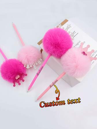 Customized Text Logo High-Quality Pink Heart Crown Pom-Pom Ball Pen, Pink Plush Ball Pen, Student Stationery, Advertising Creative Award, Learning Gift, Personalized