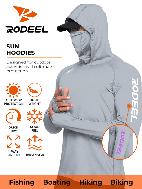 RODEEL Men's Long-Sleeved T-Shirt With Mask And Hood, Moisture-Wicking And Sweat-Absorbing, Suitable For Outdoor Activities Such As Fishing, Cycling, Hiking, And Boating
