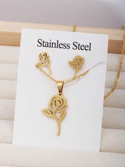 3 Stücke Damen Edelstahl Cut Out Rose Blume Stern Mond Religiöser Ohrringe & Halskette Set, exquisites hochwertiges Geschenk für Feiertage, Valentinstag