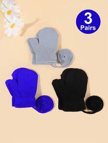 3 Pairs Set Children's Winter Warm Knitted Gloves, Cute Kindergarten Kids Gloves With String - 3pairs - View 3